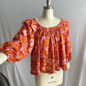 Free People light weight gathered top with flounce sleeve and elastic cuff